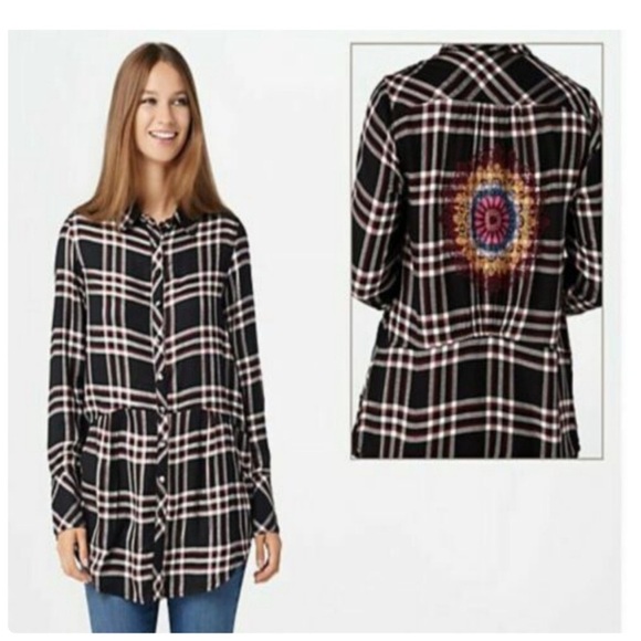 Tolani Collection Plaid Tunic With Embroidered Back M - Picture 9 of 9